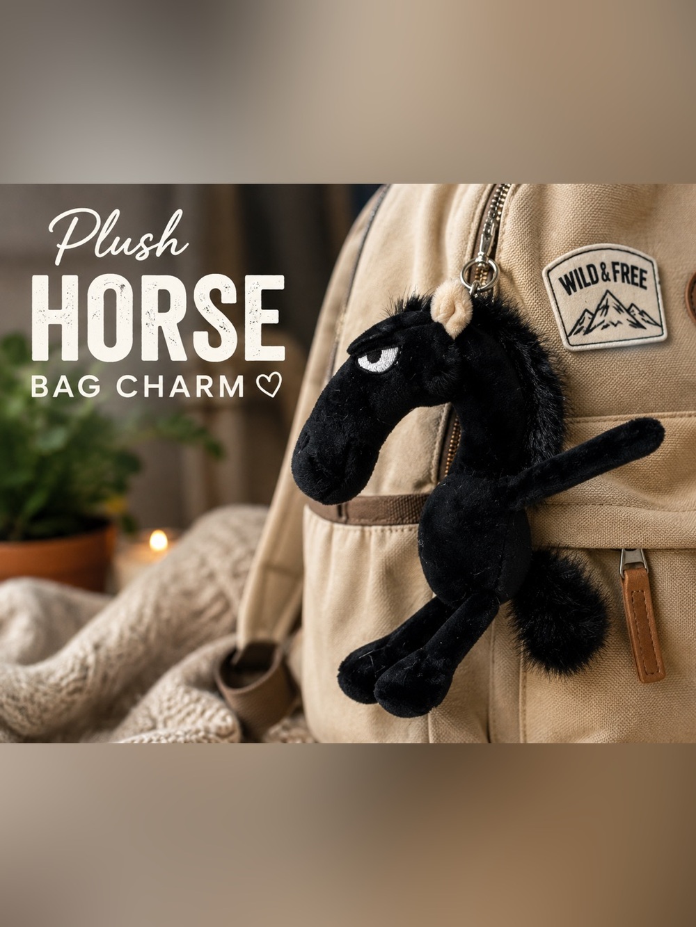 Black Plush Horse Bag Charm Keychain